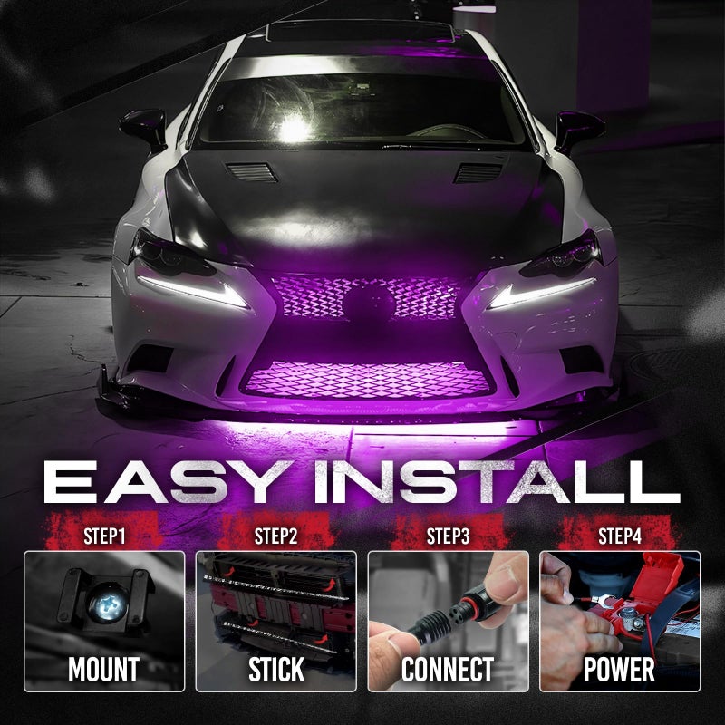 OPT7 أضواء شبك LED RGB من OPT7 مجموعة 4 قطع مع جهاز تحكم عن بعد، أضواء شريط LED مقاومة للماء بطول 24 بوصة، متعددة الألوان، خافت، تلاشي، دورة، وميض، لاصق وسهل التركيب لشبك السيارة، زينة شاحنة وفان وRV وJDM - Image 4